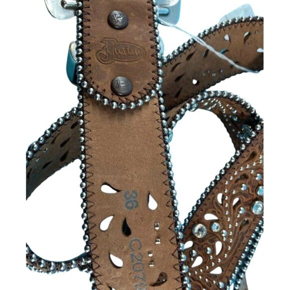 Justin Western Style Leather Belt With Silver Rhinestone Buckle & Floral Cutouts - Picture 8 of 10